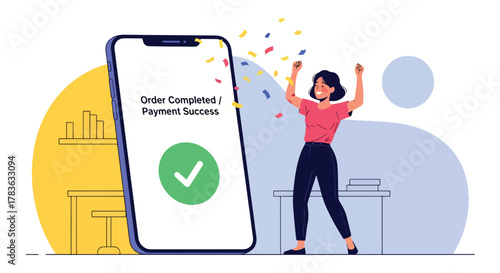 Flat vector happy buyer celebrating “Order Confirmed” screen with receipt and checkmark badge. Clean solid-color illustration, ideal for email marketing, order success pages, and tracking messages