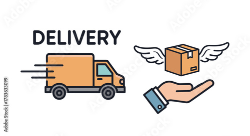 Dynamic delivery concept with a fast-moving truck and a winged package landing gently on an open palm, symbolizing efficient logistics and secure shipping, perfect for e-commerce and transportation