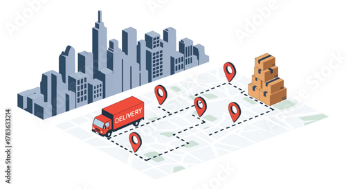 Flat vector delivery truck following dotted map route between location pins. Solid bright palette, ideal for delivery apps, shipping status pages, and logistics illustration