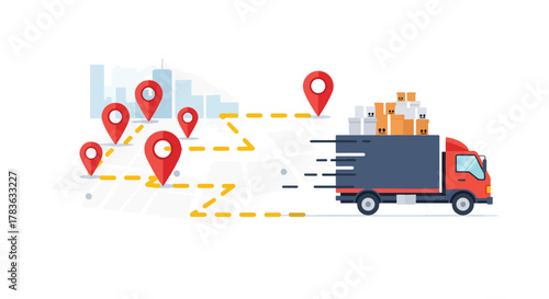 Flat vector delivery truck following dotted map route between location pins. Solid bright palette, ideal for delivery apps, shipping status pages, and logistics illustration