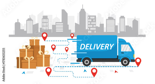 Flat vector delivery truck following dotted map route between location pins. Solid bright palette, ideal for delivery apps, shipping status pages, and logistics illustration
