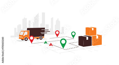Flat vector delivery truck following dotted map route between location pins. Solid bright palette, ideal for delivery apps, shipping status pages, and logistics illustration