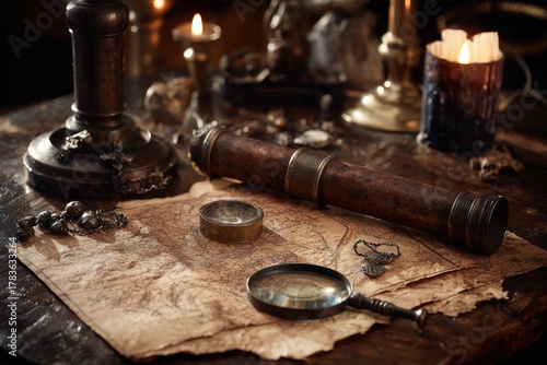 Antique Map, Telescope, and Magnifying Glass on Wooden Table.