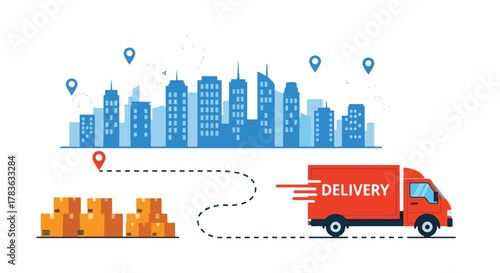 Flat vector delivery truck following dotted map route between location pins. Solid bright palette, ideal for delivery apps, shipping status pages, and logistics illustration