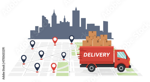 Flat vector delivery truck following dotted map route between location pins. Solid bright palette, ideal for delivery apps, shipping status pages, and logistics illustration