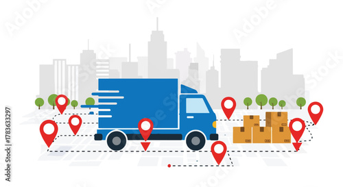 Photos Flat vector delivery truck following dotted map route between location pins