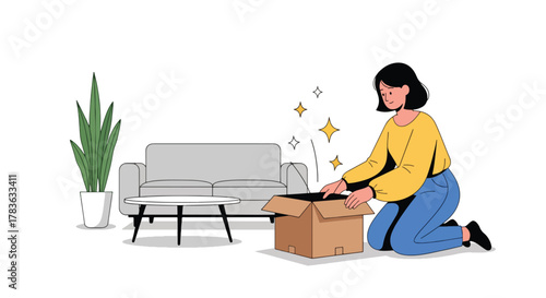 Flat vector customer opening package box while sparkles and light burst from inside. Clean solid pastel colors, ideal for email confirmation, delivery completed screens, and product showcase