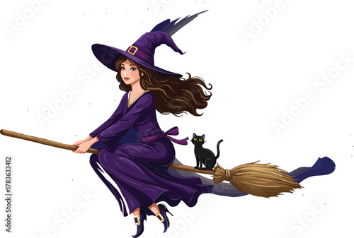 Halloween witch flying broomstick with black cat, spooky fantasy character, magical night illustration, cartoon vector art holiday design