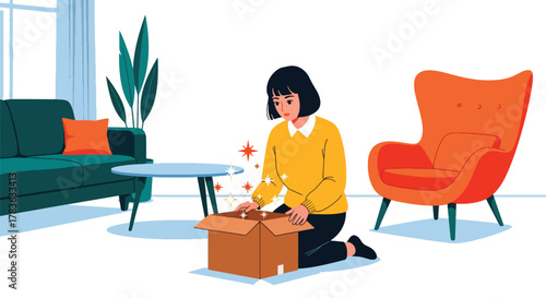 Flat vector customer opening package box while sparkles and light burst from inside. Clean solid pastel colors, ideal for email confirmation, delivery completed screens, and product showcase