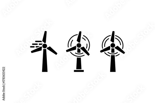 Three black wind turbine icons representing clean energy. Suitable for environmental concepts, energy savings presentations, and sustainable development materials.