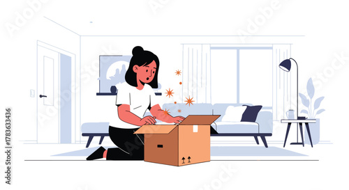 Flat vector customer opening package box while sparkles and light burst from inside. Clean solid pastel colors, ideal for email confirmation, delivery completed screens, and product showcase