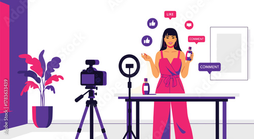 Flat vector influencer recording product review with camera, ring light, and floating engagement icons. Solid color palette, ideal for influencer marketing, product launch promotions, and social ads