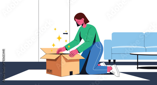 Flat vector customer opening package box while sparkles and light burst from inside. Clean solid pastel colors, ideal for email confirmation, delivery completed screens, and product showcase