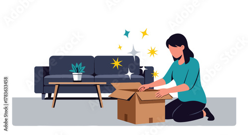 Flat vector customer opening package box while sparkles and light burst from inside. Clean solid pastel colors, ideal for email confirmation, delivery completed screens, and product showcase