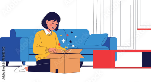 Flat vector customer opening package box while sparkles and light burst from inside. Clean solid pastel colors, ideal for email confirmation, delivery completed screens, and product showcase