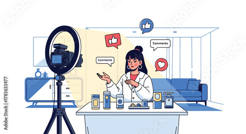 Flat vector influencer recording product review with camera, ring light, and floating engagement icons. Solid color palette, ideal for influencer marketing, product launch promotions, and social ads