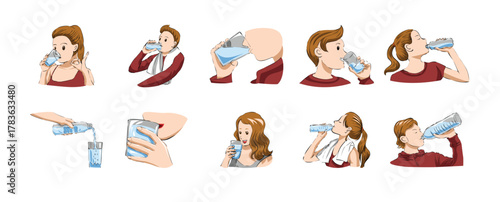 A cheerful cartoon boy drinking fresh water in a healthy lifestyle illustration promoting hydration and wellness for children and family themes, vector illustration.