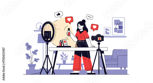 Flat vector influencer recording product review with camera, ring light, and floating engagement icons. Solid color palette, ideal for influencer marketing, product launch promotions, and social ads