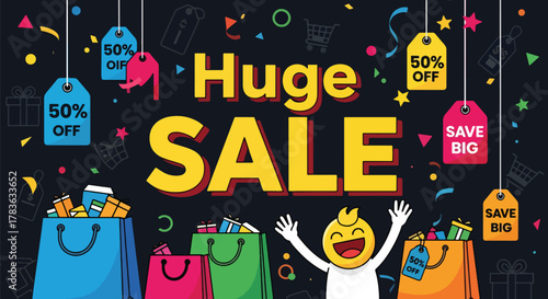 Flat vector scene with huge SALE title, discount icons and bags, excited customer holding shopping items. Ideal for seasonal campaign banners and sale announcements