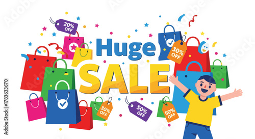 Flat vector scene with huge SALE title, discount icons and bags, excited customer holding shopping items. Ideal for seasonal campaign banners and sale announcements