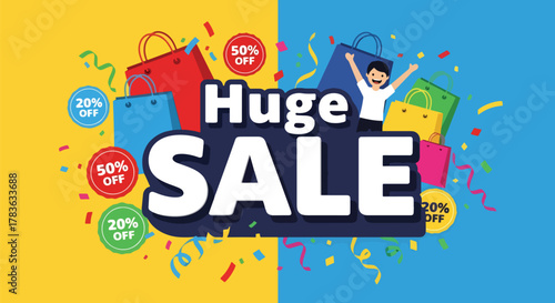Flat vector scene with huge SALE title, discount icons and bags, excited customer holding shopping items. Ideal for seasonal campaign banners and sale announcements