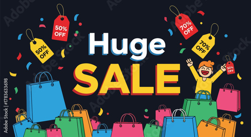 Flat vector scene with huge SALE title, discount icons and bags, excited customer holding shopping items. Ideal for seasonal campaign banners and sale announcements
