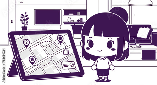 Chibi user checks delivery progress on tablet with map and tracking steps. Cute pastel vector in solid palette, ideal for order tracking screens, customer updates, and delivery UX flows