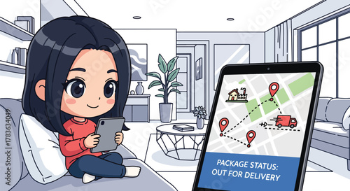 Chibi user checks delivery progress on tablet with map and tracking steps. Cute pastel vector in solid palette, ideal for order tracking screens, customer updates, and delivery UX flows