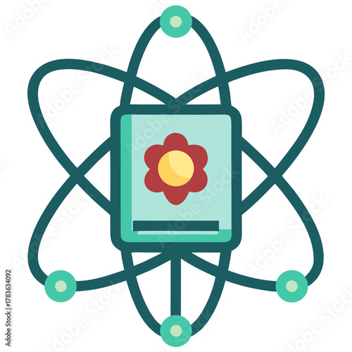 Stylized atom symbol with a flower in the nucleus