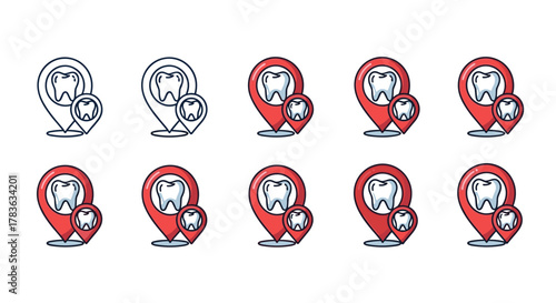 Set of dental map pin icons featuring a tooth symbol, presented in both outline and filled styles with a red pin marker, symbolizing dental services, clinics, or locations on a clean white
