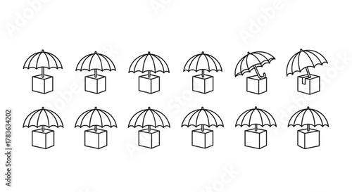 Set of twelve simple line art icons depicting an umbrella protecting a cube-shaped box, symbolizing protection, safety, and care for goods during transit or storage, presented on a clean white