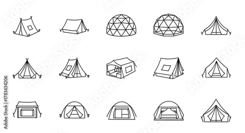 Collection of modern outline style tent icons for design, cards, apps, and social networks. This ordered set features various tent types, including dome, A-frame, and canvas tents, presented as
