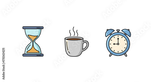 A vibrant and modern vector illustration featuring a set of three essential time-related icons: a classic hourglass with flowing sand, a steaming cup of coffee representing a break, and a retro alarm