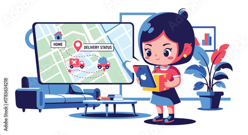Chibi user checks delivery progress on tablet with map and tracking steps. Cute pastel vector in solid palette, ideal for order tracking screens, customer updates, and delivery UX flows