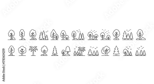 A diverse collection of linear tree symbols, featuring deciduous trees, coniferous trees, and palm trees, presented in an ordered set against a clean white background, ideal for graphic design, web