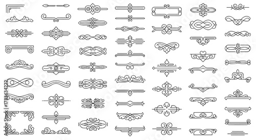 Elegant Vintage Decorative Lines Collection: A curated set of ordered line icons, perfect for adding a touch of sophistication to designs, presented on a clean white background for versatile
