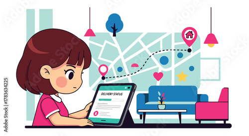 Chibi user checks delivery progress on tablet with map and tracking steps. Cute pastel vector in solid palette, ideal for order tracking screens, customer updates, and delivery UX flows