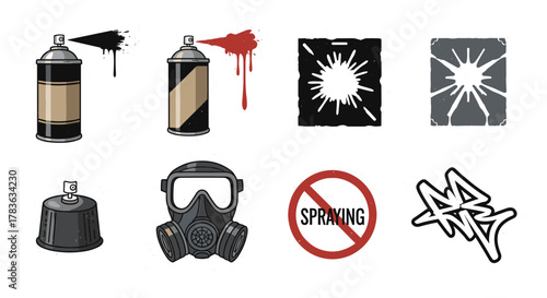 Urban graffiti spray paint icon set in street art style with gritty grunge texture for dynamic designs, featuring spray cans, gas mask, and prohibition sign, perfect for creative projects and urban