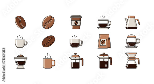 A collection of minimalistic linear vector cartoon illustrations representing various coffee-related items, including coffee beans, cups, a takeaway cup, a coffee bag, a teapot, a French press, and a