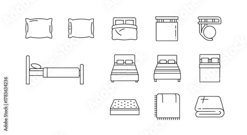 Minimalist outline vector illustration of a bedding line icon set, featuring pillows, duvet cover, sheets, single and double beds, a mattress, and a blanket, perfect for home decor and interior