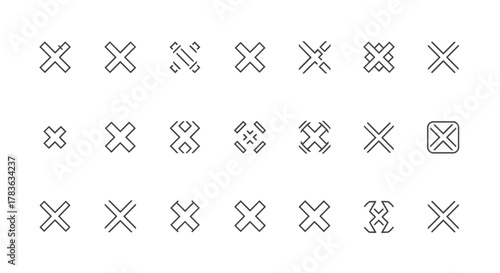 Collection of diverse 'X' mark icons, representing various styles and applications, including a Twitter new logo, X app icon, and abstract geometric designs, all isolated on a clean white background