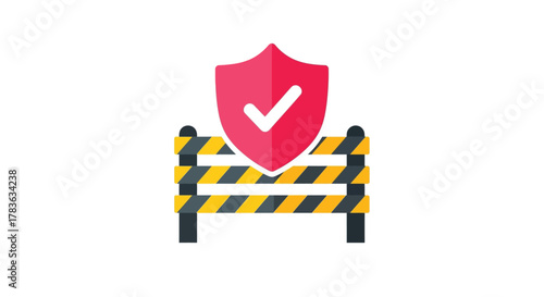 Red shield with checkmark over barricade protective measures and security silhouette
