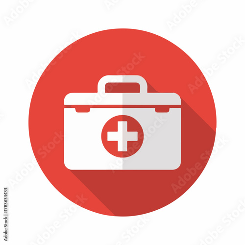 Red Medical First Aid Kit Icon with White Cross – Healthcare Emergency Symbol on Round Background