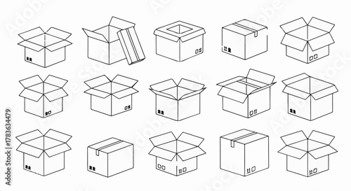 Open Box Outline Icon Set – Packaging, Shipping & Storage Vector Collection