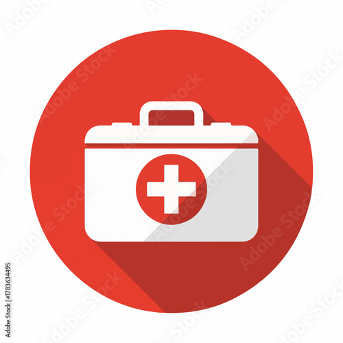 Red Medical First Aid Kit Icon with White Cross – Healthcare Emergency Symbol on Round Background