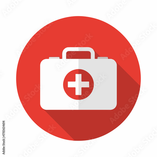 Red Medical First Aid Kit Icon with White Cross – Healthcare Emergency Symbol on Round Background