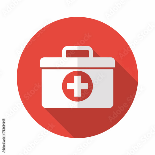 Red Medical First Aid Kit Icon with White Cross – Healthcare Emergency Symbol on Round Background