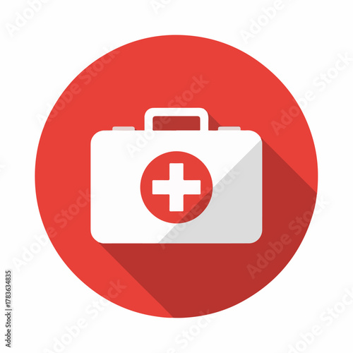 Red Medical First Aid Kit Icon with White Cross – Healthcare Emergency Symbol on Round Background