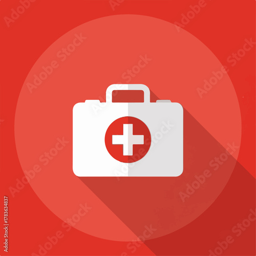 Red Medical First Aid Kit Icon with White Cross – Healthcare Emergency Symbol on Round Background