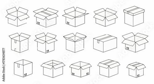 Open and Closed Cardboard Box Icons – Vector Packaging and Shipping Line Art Set